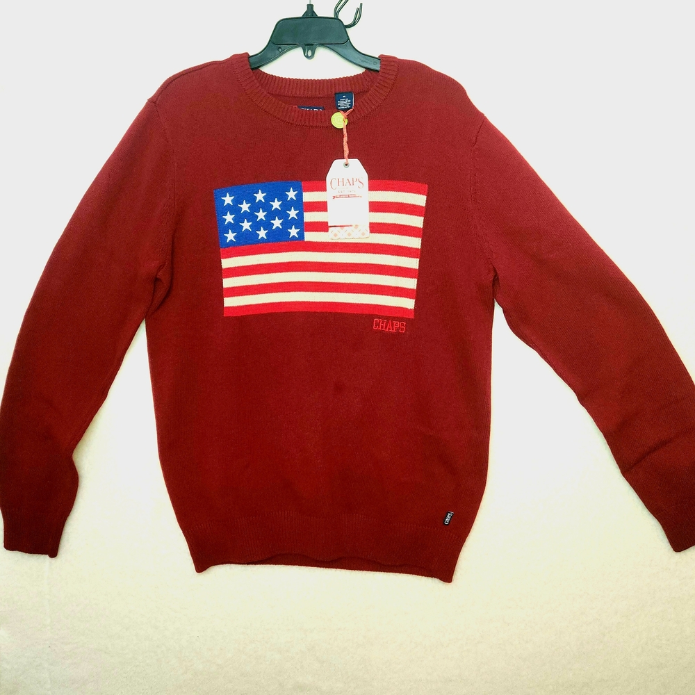 Chaps Ralph Lauren Men's Deep Ruby Red Sweater w/ American Flag Design. Sz. Med.